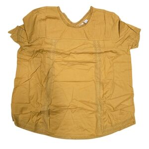 LOGO Lori Goldstein Woven Blouse Pleat Yoke Lace Golden Mustard Size L NWOT